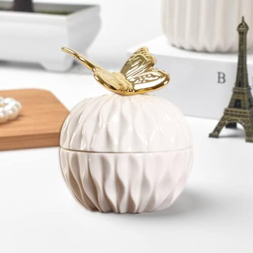 Golden Cute Butterfly Jewelry Storage Box - Charming 4.2" Ceramic Keepsake - Picture 2 of 5